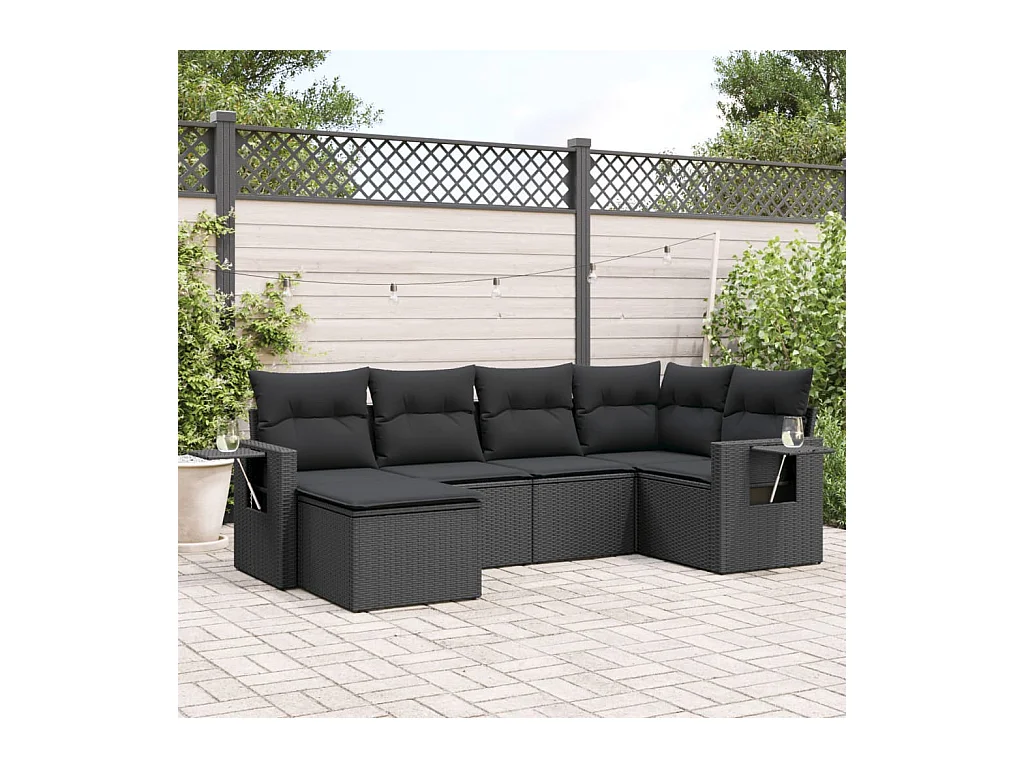 Salon de jardin 6 pcs avec coussins noir résine tressée