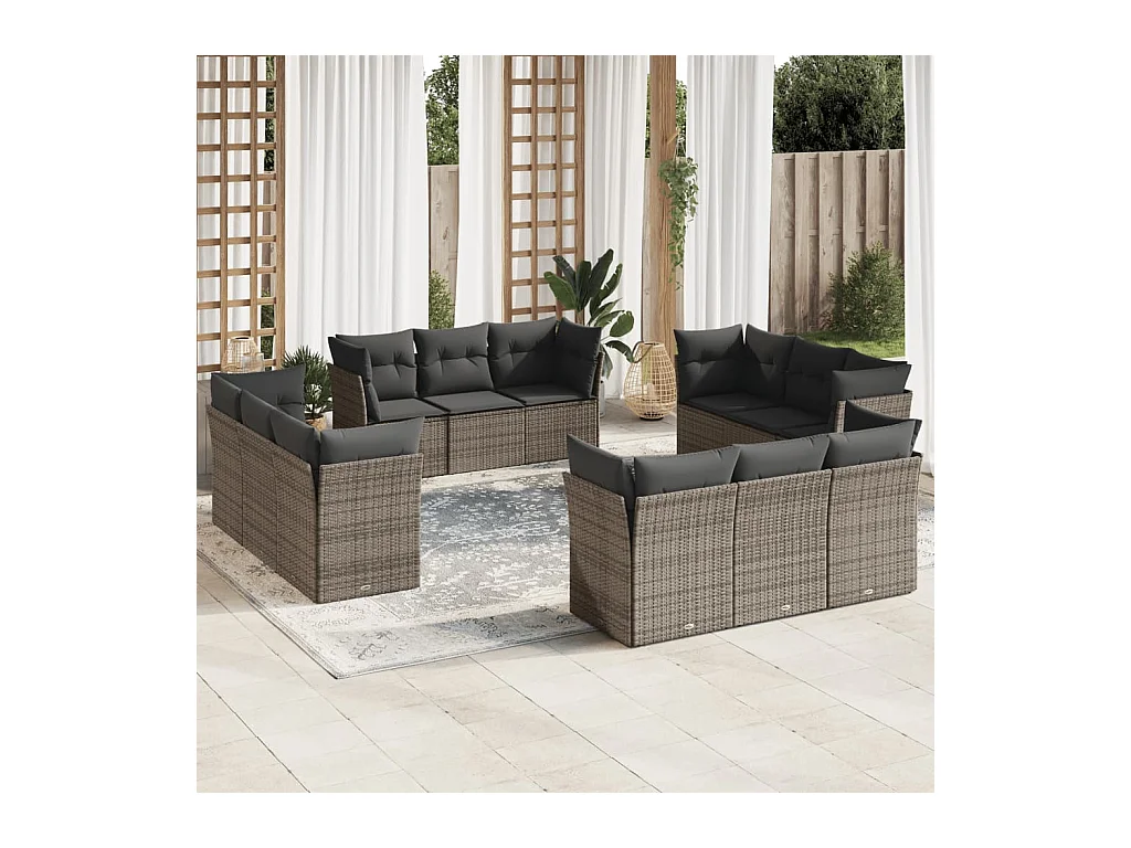 Salon de jardin avec coussins 12 pcs gris résine tressée