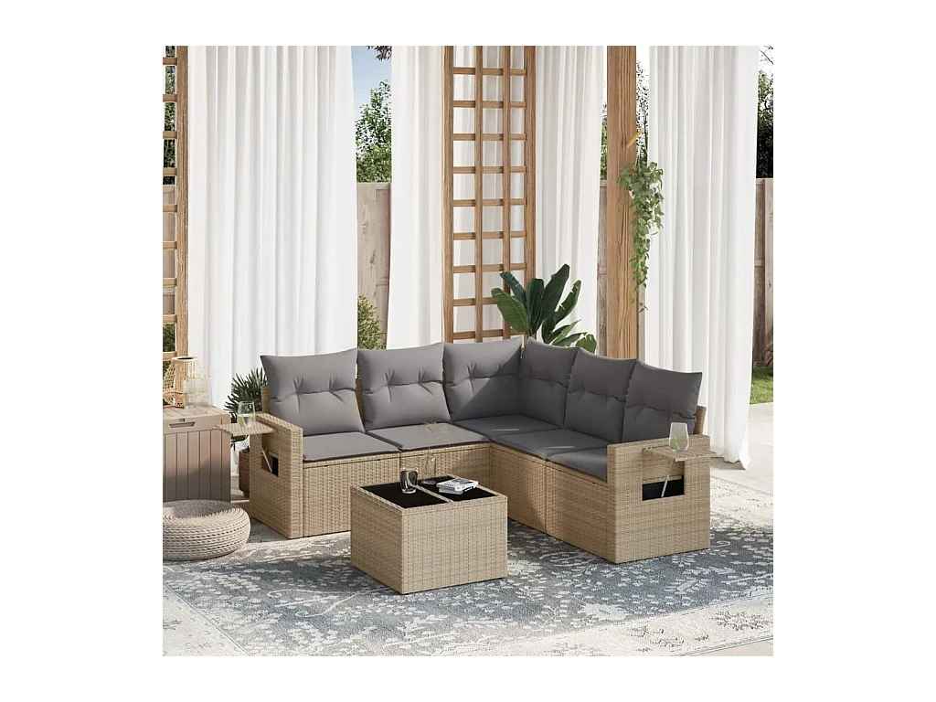 6-tlg. Garten-Sofagarnitur mit Kissen Beige Poly Rattan