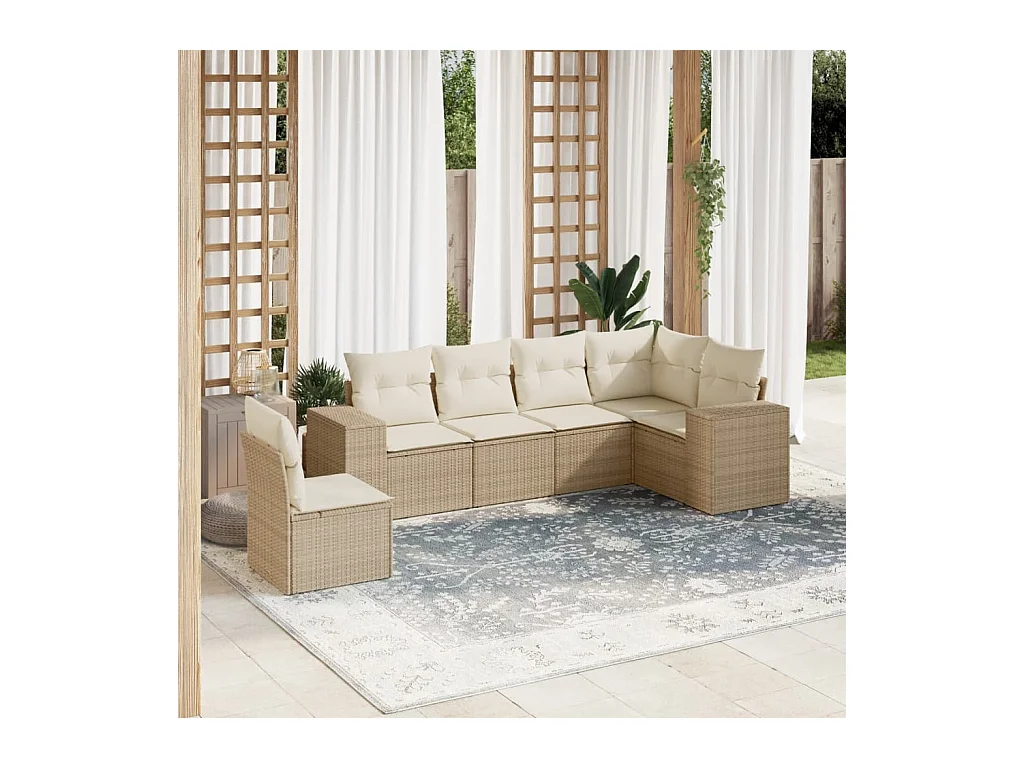 6-delige Loungeset met kussens poly rattan beige
