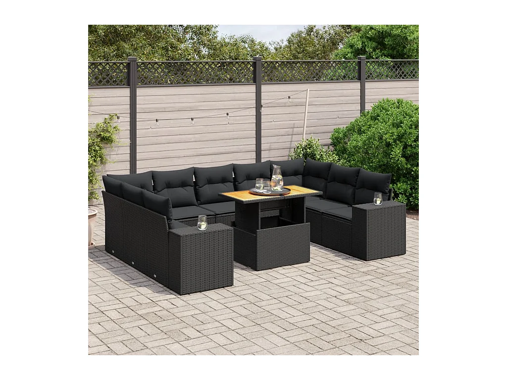 Salon de jardin 10 pcs avec coussins noir résine tressée