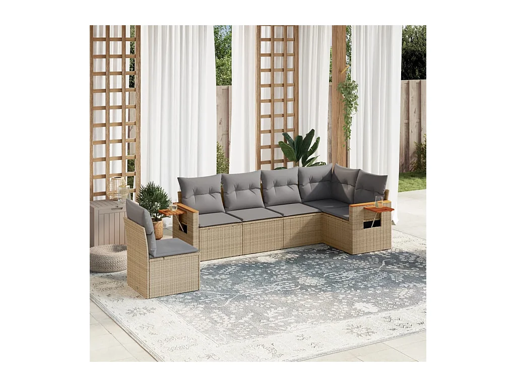 6-tlg. Garten-Sofagarnitur mit Kissen Beige Poly Rattan