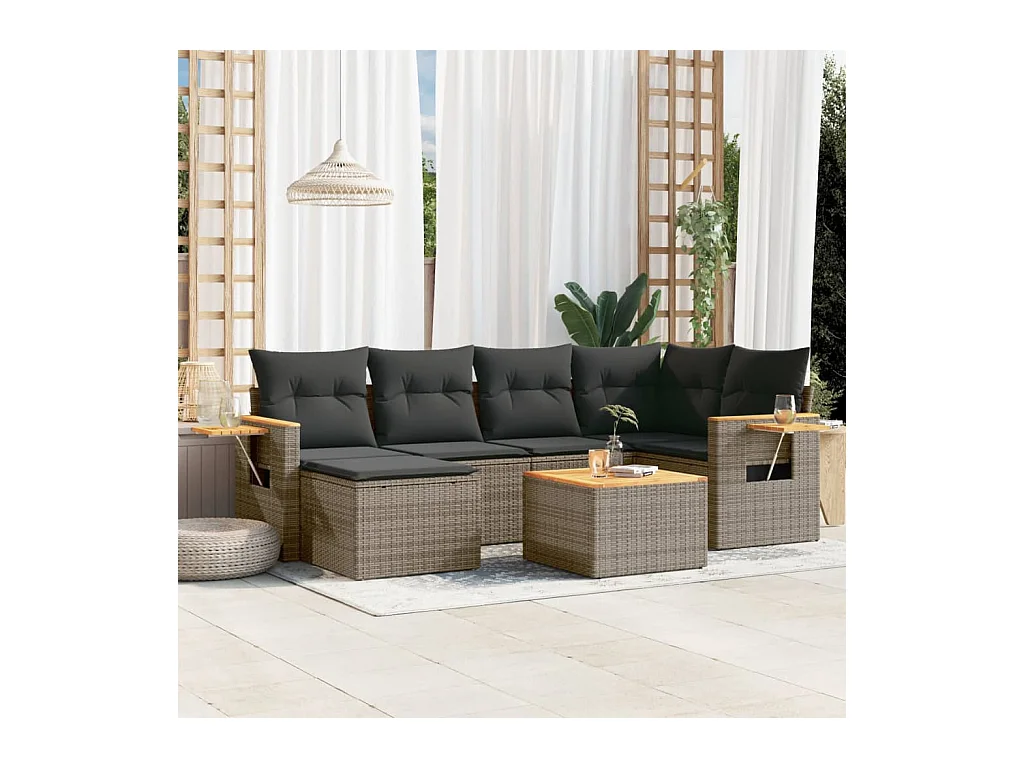 Salon de jardin avec coussins 7 pcs gris résine tressée
