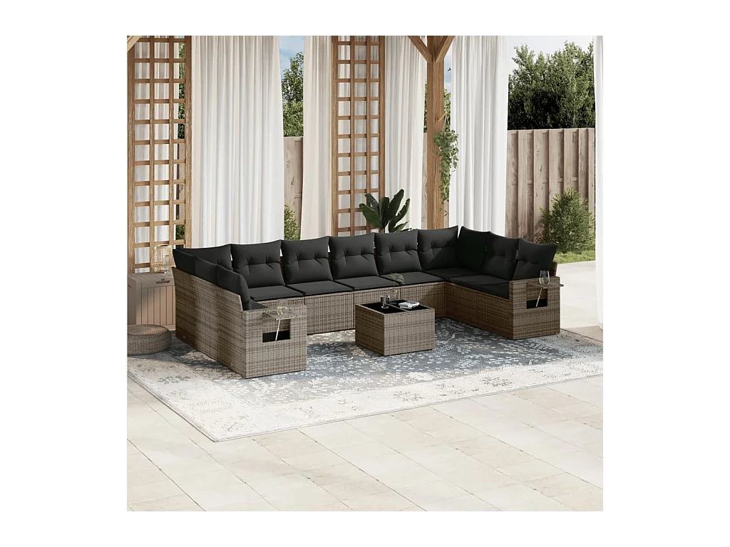 Set Divani da Giardino 11 pz con Cuscini in Polyrattan Grigio