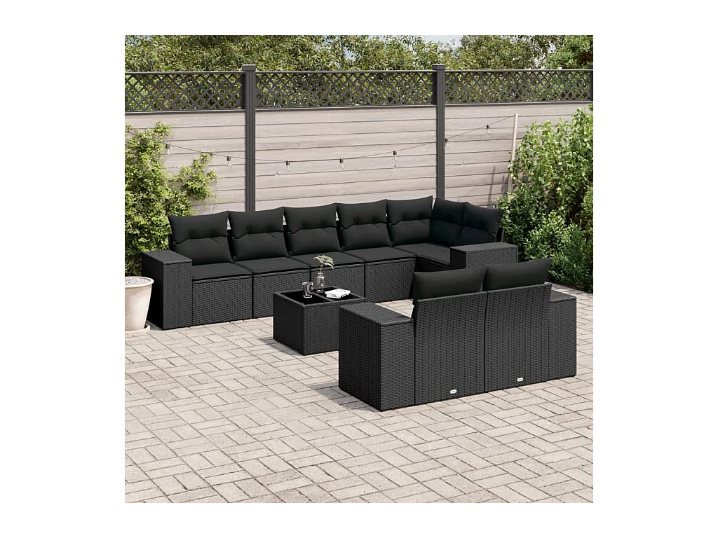 Salon de jardin 9 pcs avec coussins noir résine tressée