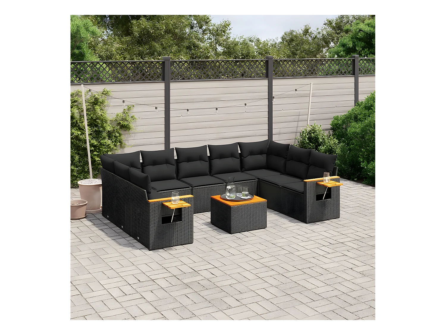 Set de sofás de jardín 10 pzas cojines ratán sintético negro