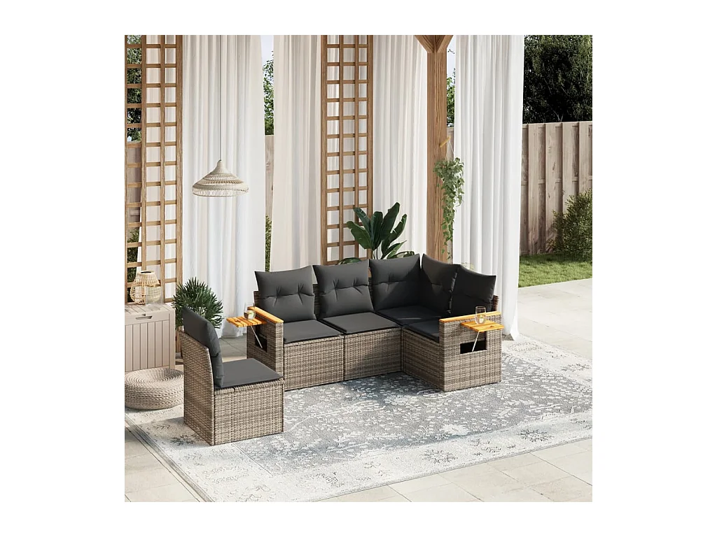 Set Divano da Giardino 5 pz con Cuscini Grigio in Polyrattan