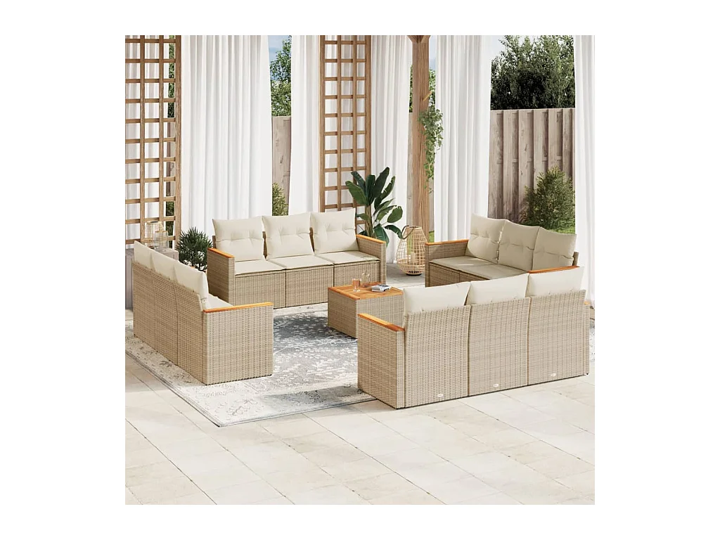 Salon de jardin avec coussins 13 pcs beige résine tressée