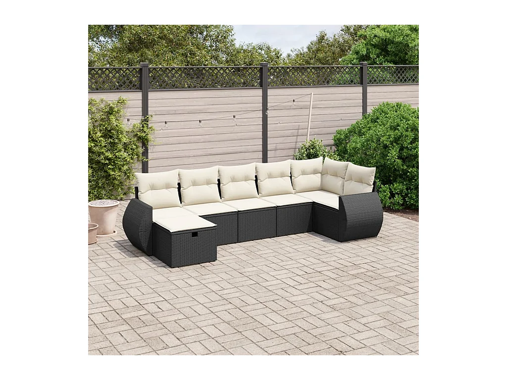 7-delige Loungeset met kussens poly rattan zwart