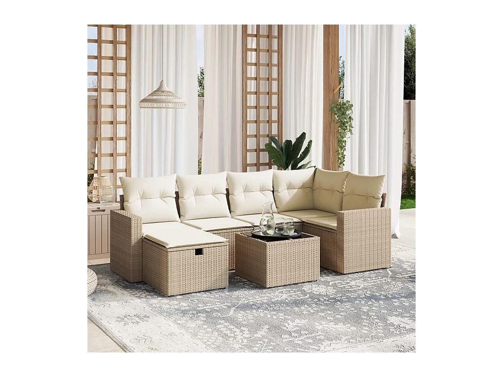 7-tlg. Garten-Sofagarnitur mit Kissen Beige Poly Rattan