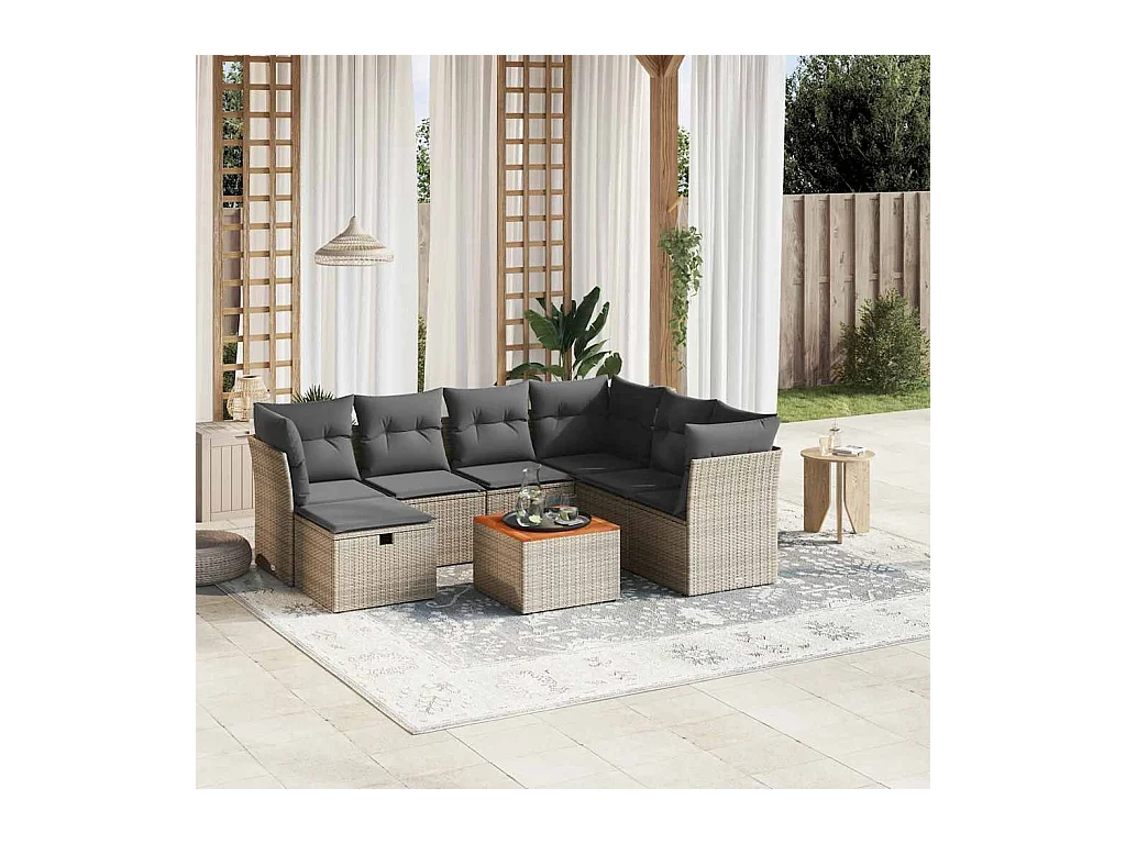 Salon de jardin 8 pcs avec coussins gris résine tressée