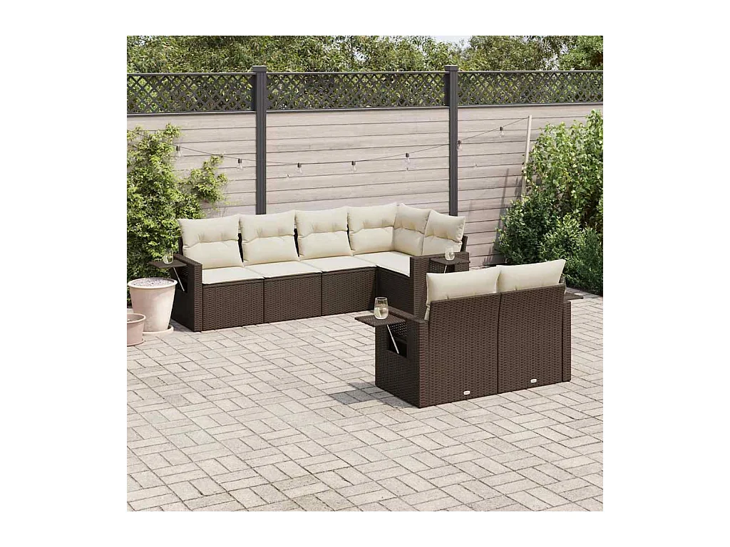 Salon de jardin avec coussins 7 pcs marron résine tressée