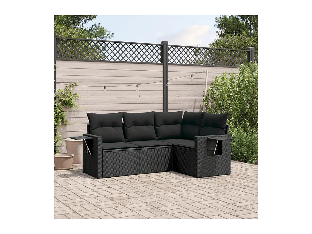 4-tlg. Garten-Sofagarnitur mit Kissen Schwarz Poly Rattan