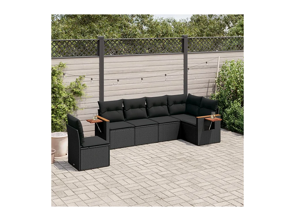 Set Divano da Giardino 6 pz con Cuscini Nero in Polyrattan
