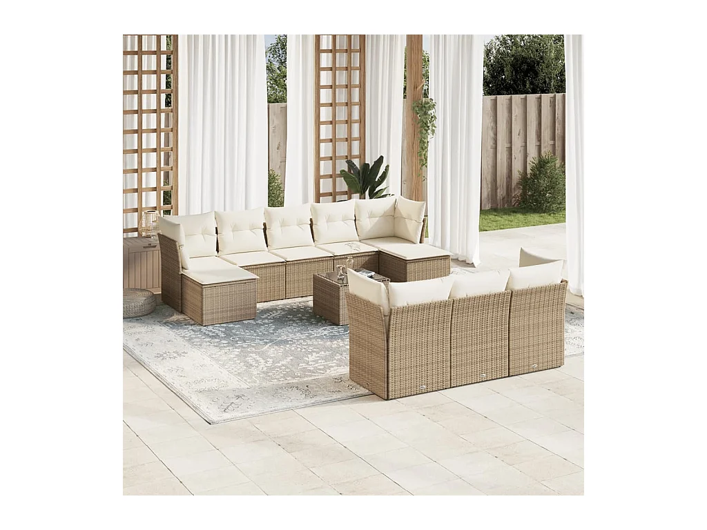 11-tlg. Garten-Sofagarnitur mit Kissen Beige Poly Rattan