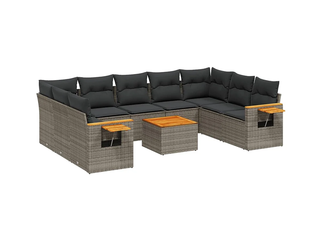 Set Divano da Giardino 10 pz con Cuscini Grigio in Polyrattan