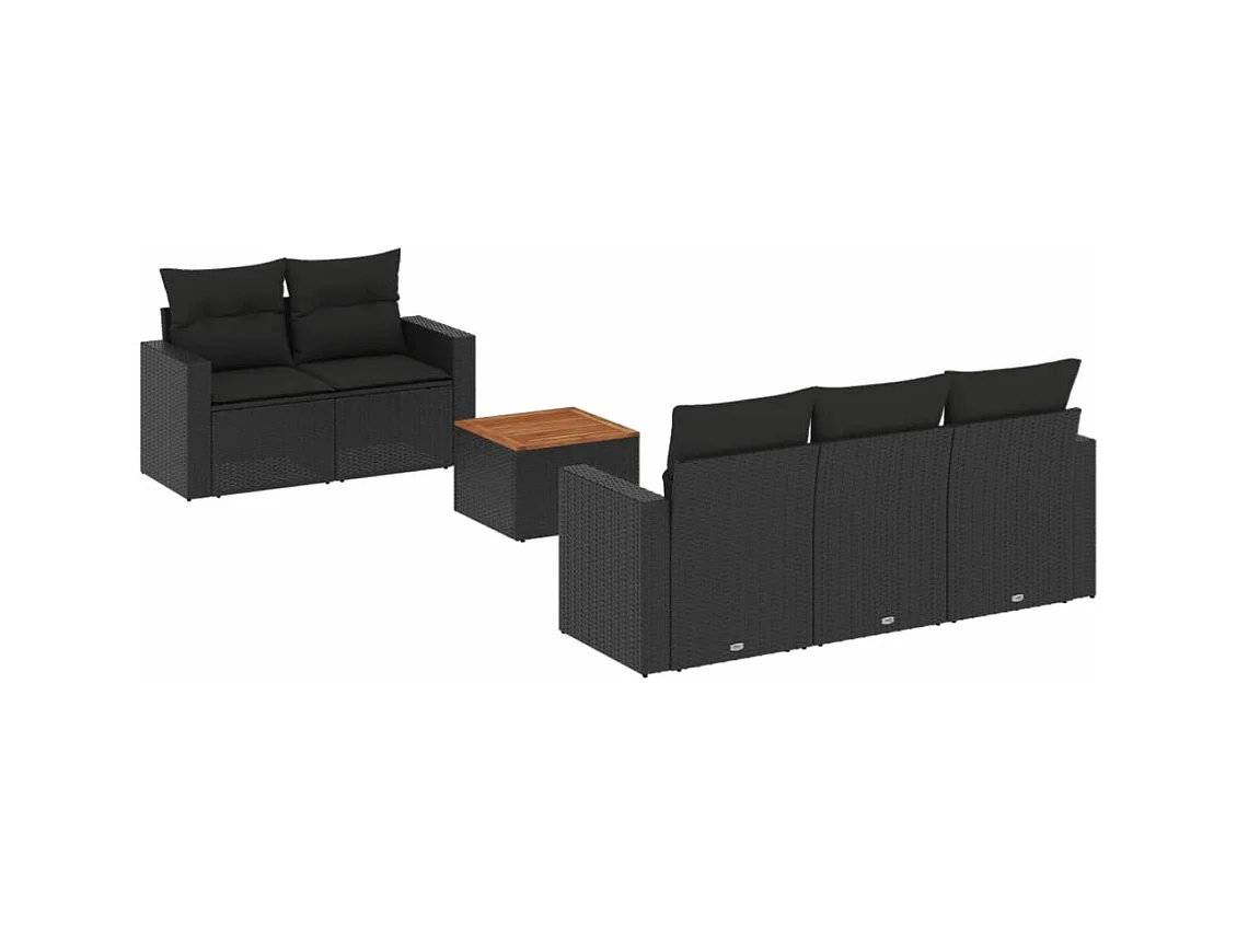 6-delige Loungeset met kussens poly rattan zwart