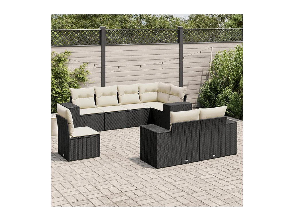 8-delige Loungeset met kussens poly rattan zwart