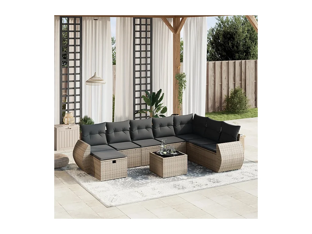 Salon de jardin 9 pcs avec coussins gris résine tressée