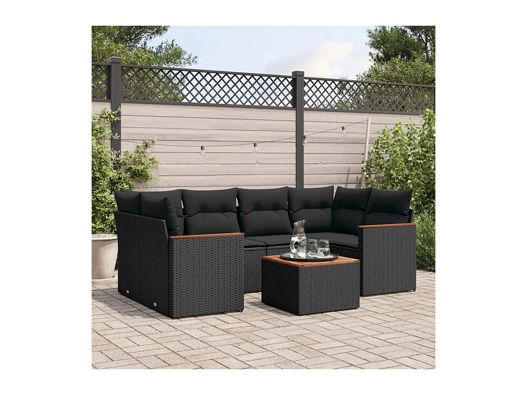 Set de comedor de jardín 7 pzas y cojines ratán sintético negro