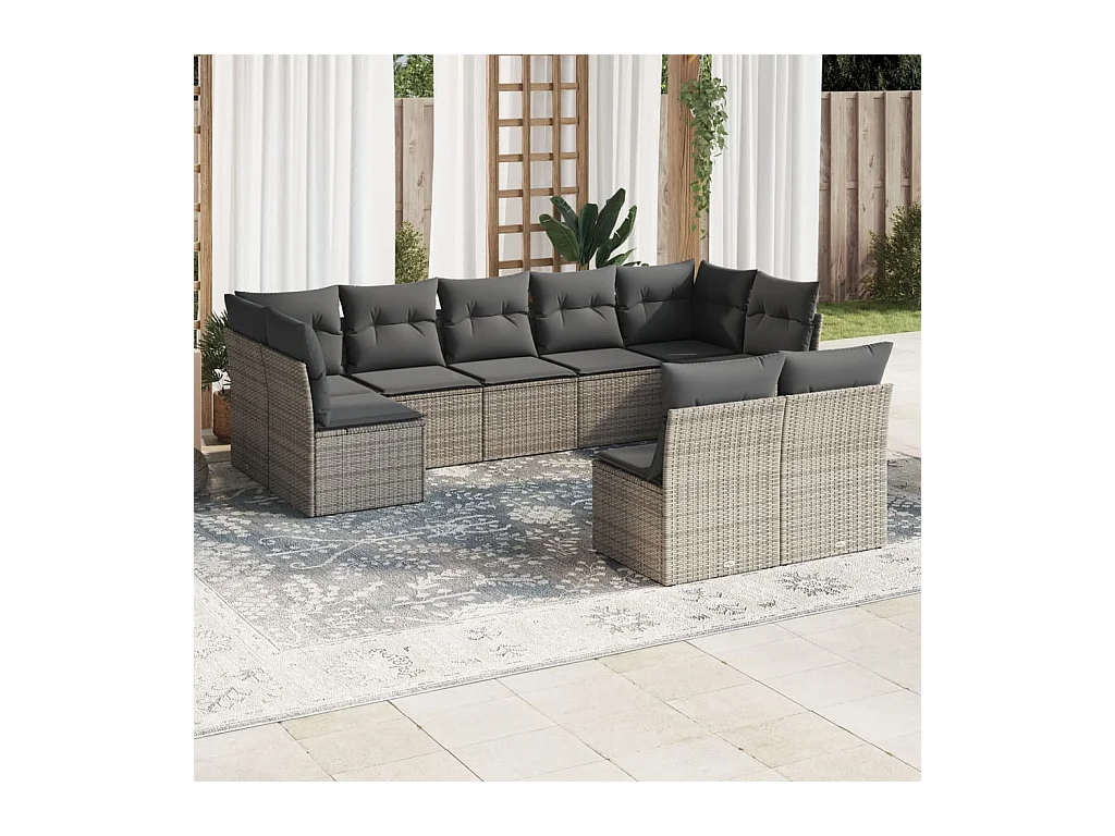 Salon de jardin 9 pcs avec coussins gris résine tressée