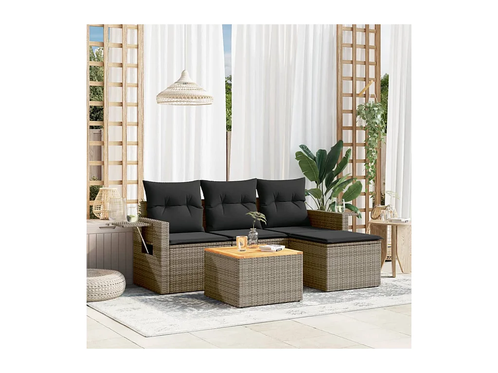 5-delige Loungeset met kussens poly rattan grijs