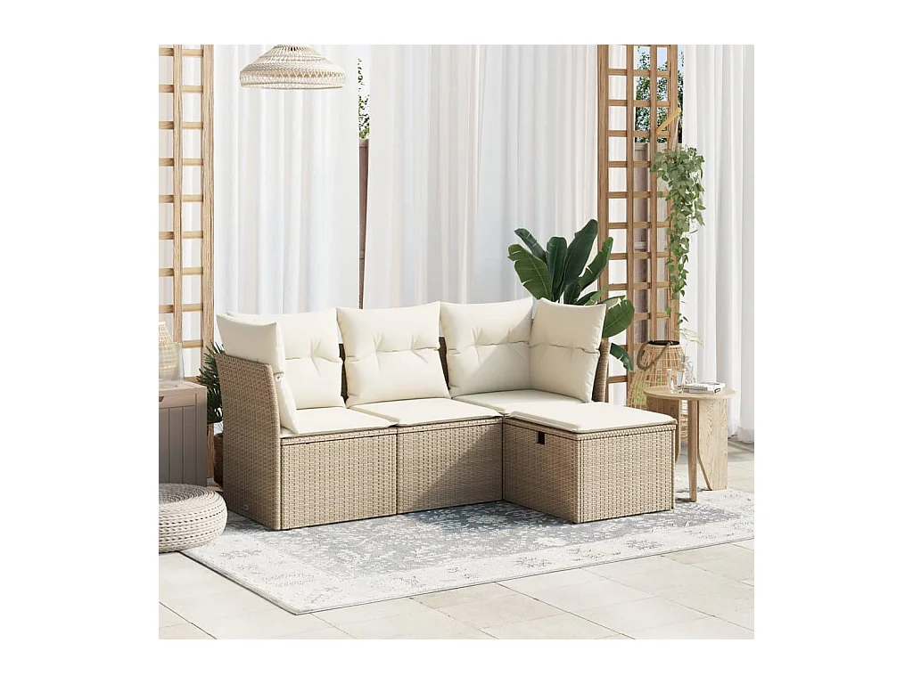 Set Divano da Giardino 4 pz con Cuscini Beige in Polyrattan