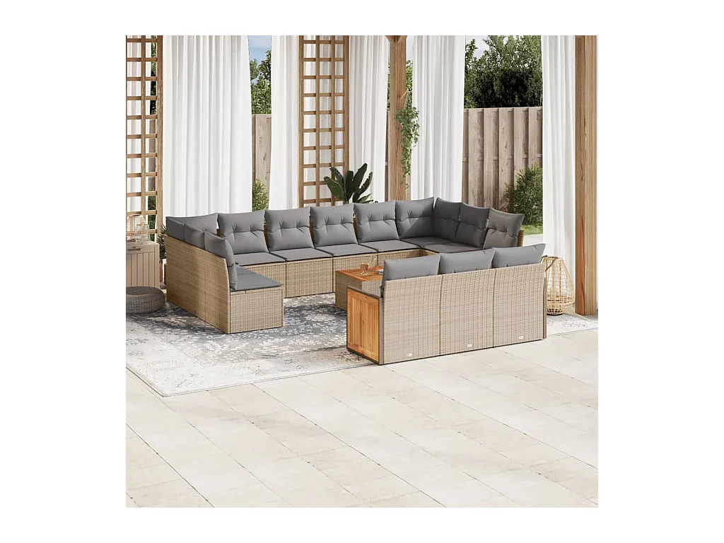Salon de jardin avec coussins 14 pcs beige résine tressée