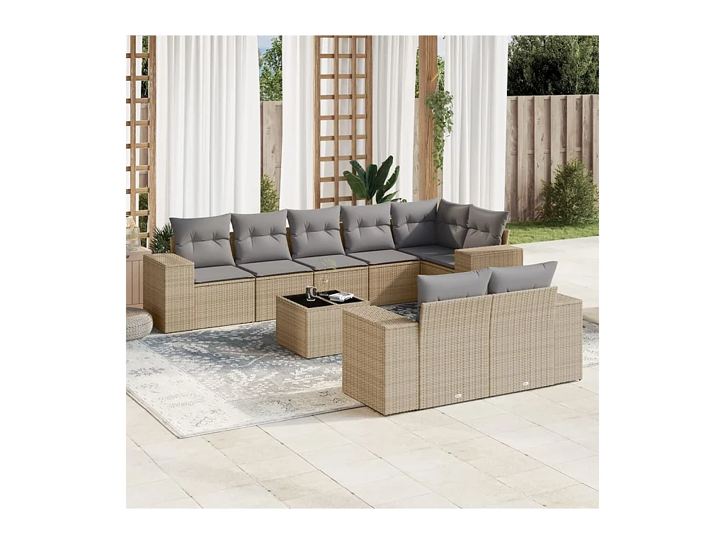 Set Divano da Giardino 9 pz con Cuscini Beige in Polyrattan