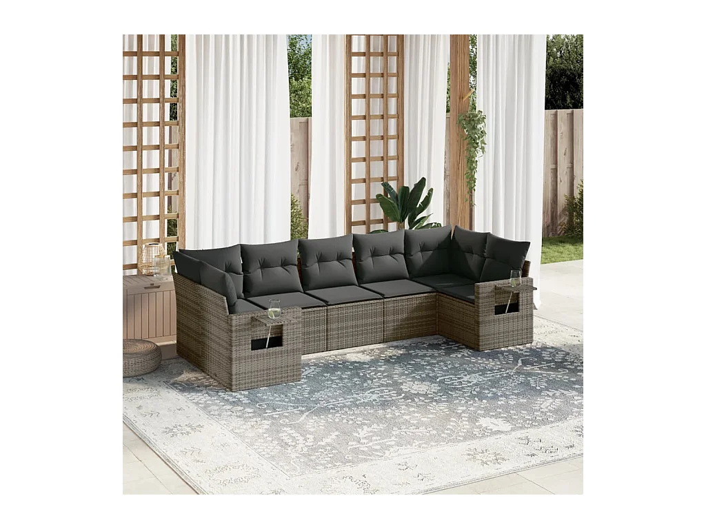 7-delige Loungeset met kussens poly rattan grijs