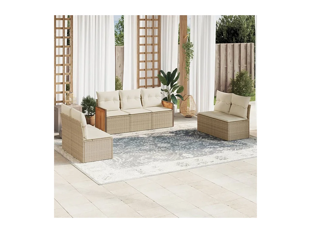 Salon de jardin avec coussins 7 pcs beige résine tressée