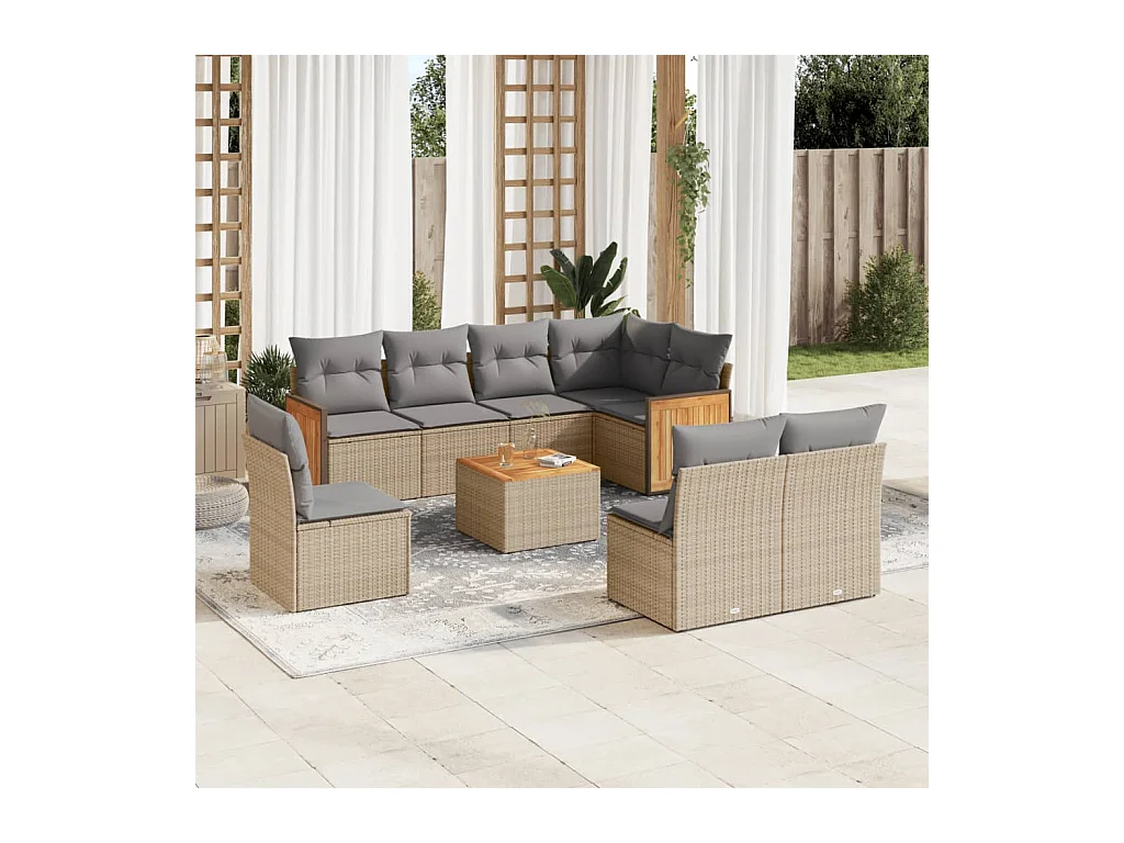 9-delige Loungeset met kussens poly rattan beige