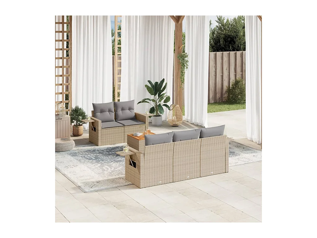 6-delige Loungeset met kussens poly rattan gemengd beige