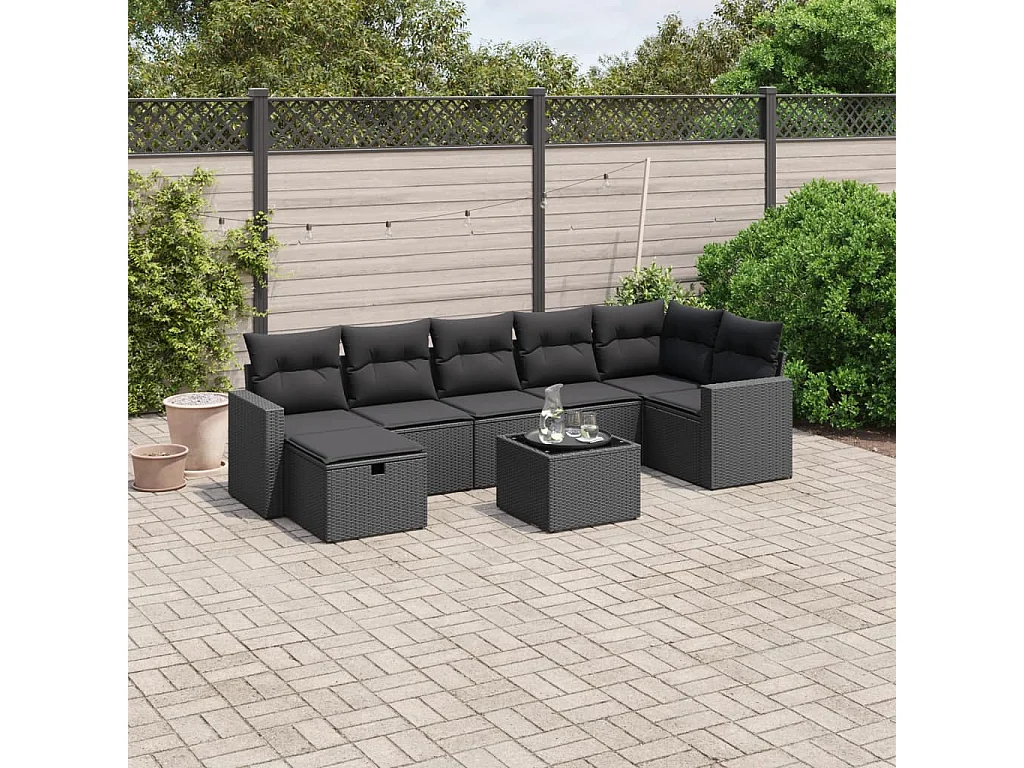 Salon de jardin 8 pcs avec coussins noir résine tressée