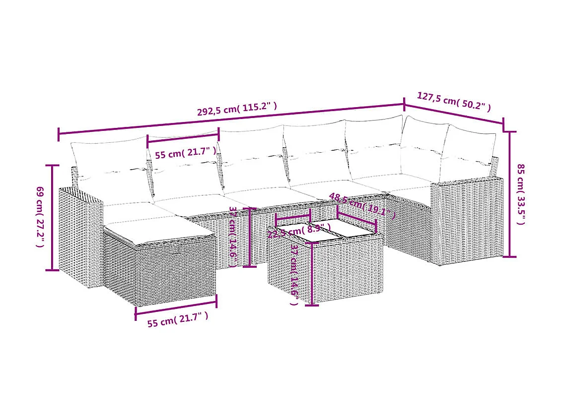 Salon de jardin 8 pcs avec coussins noir résine tressée