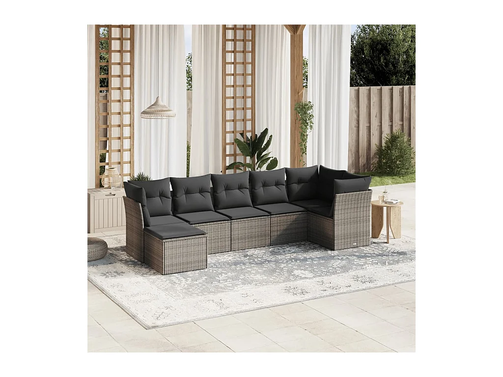 Salon de jardin avec coussins 7 pcs gris résine tressée