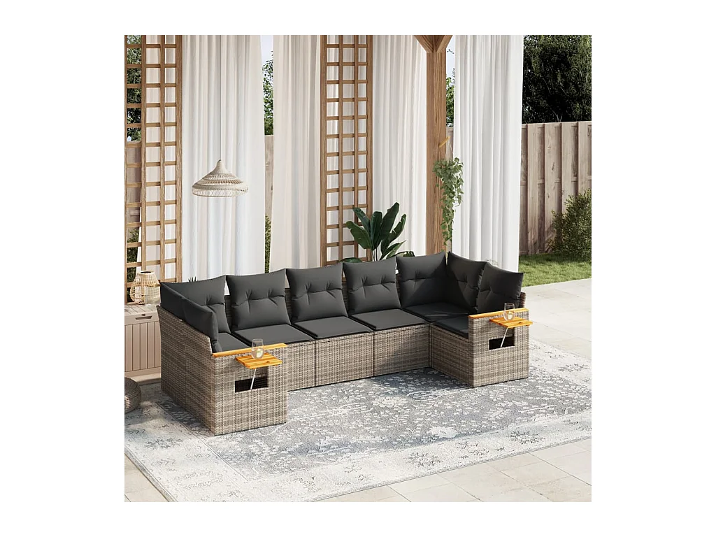 Salon de jardin avec coussins 7 pcs gris résine tressée