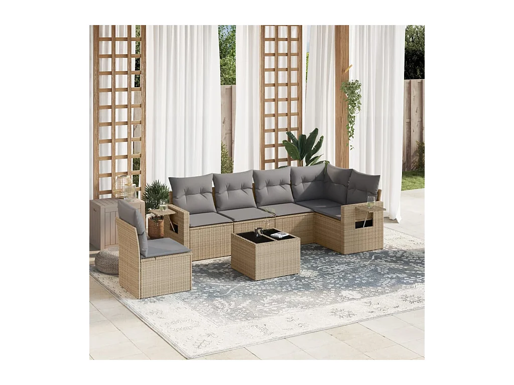 Set Divani da Giardino 7 pz con Cuscini Beige in Polyrattan