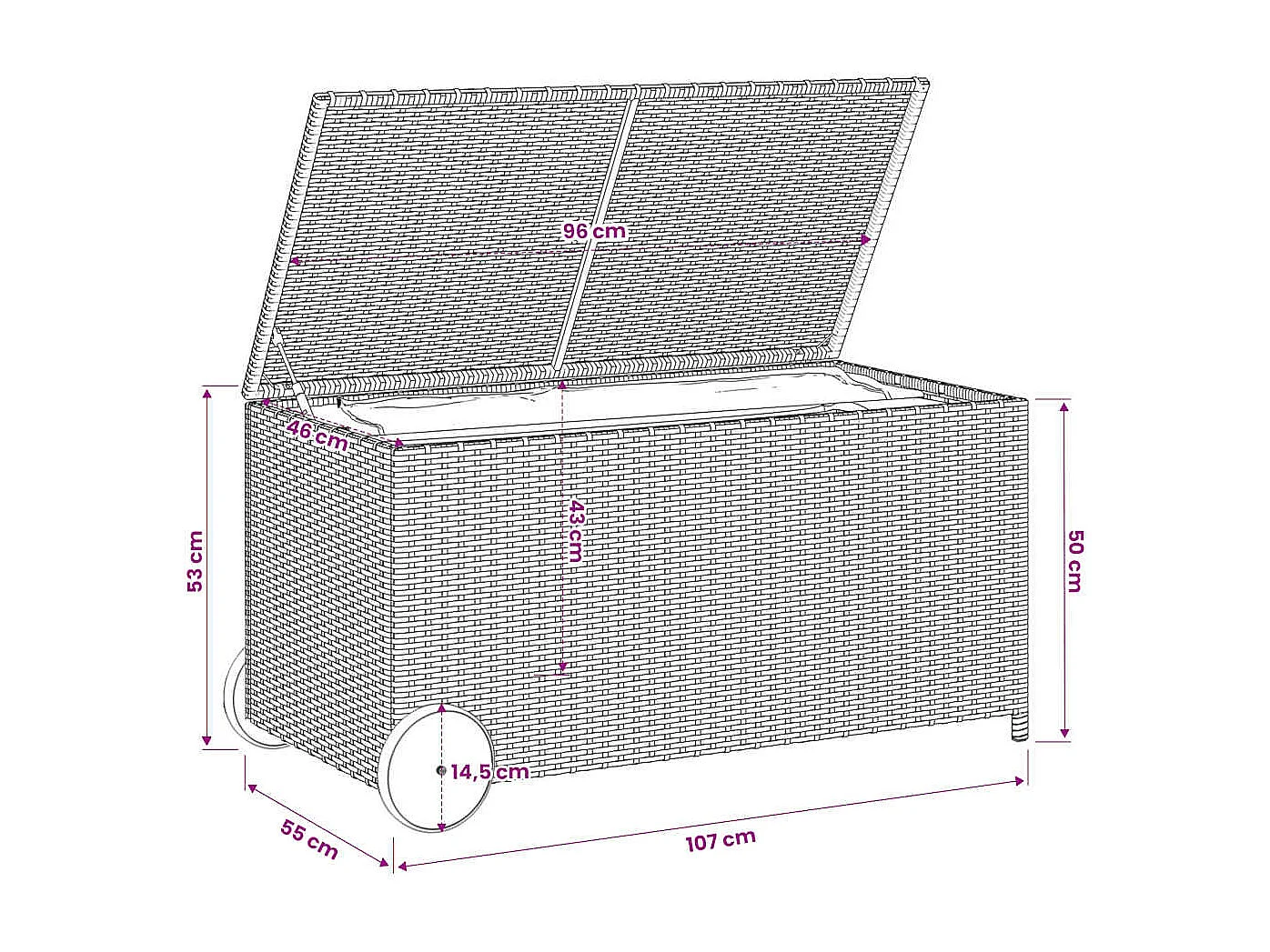 Boîte de rangement de jardin et roues noir 190L résine tressée