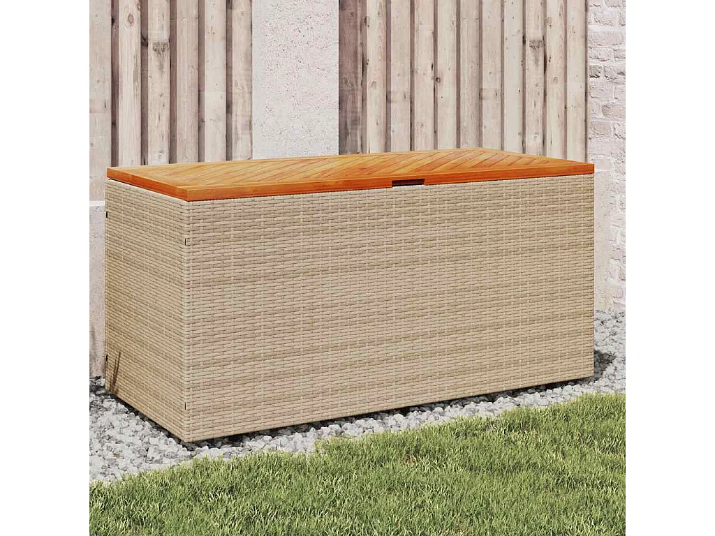 Boîte de rangement de jardin beige résine tressée bois d'acacia