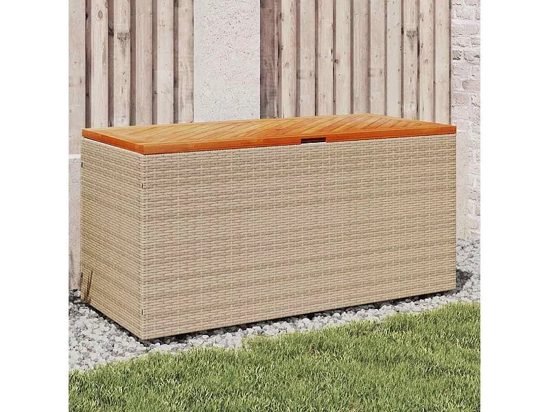 Boîte de rangement de jardin beige résine tressée bois d'acacia