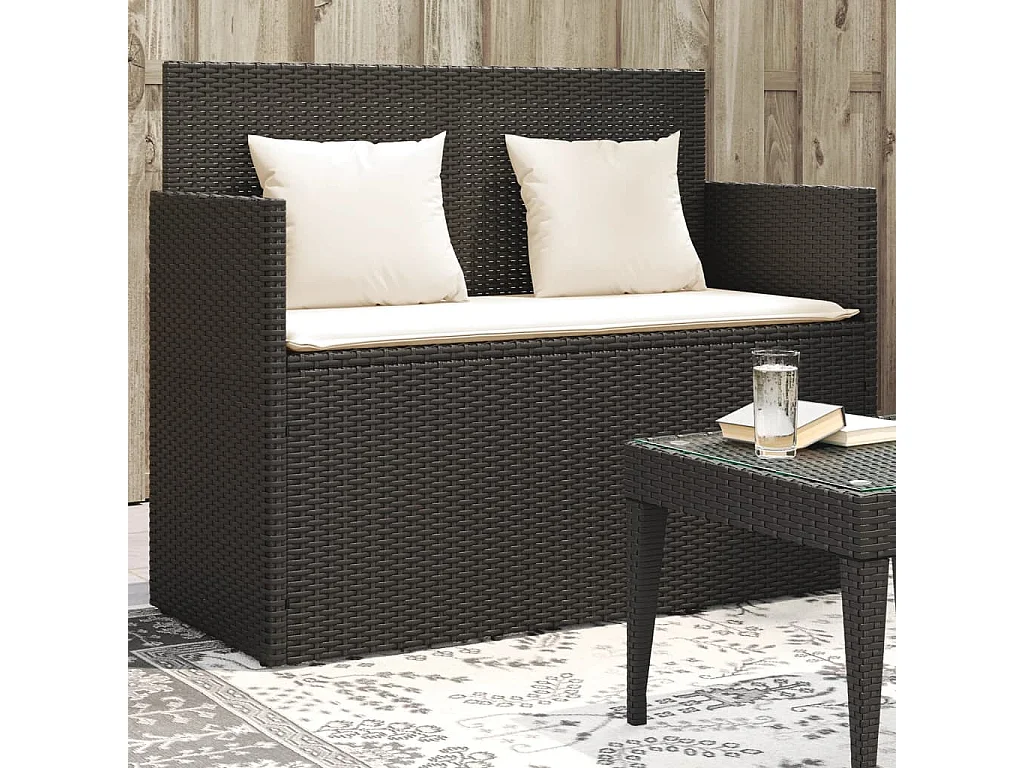 Banc de jardin avec coussins noir résine tressée