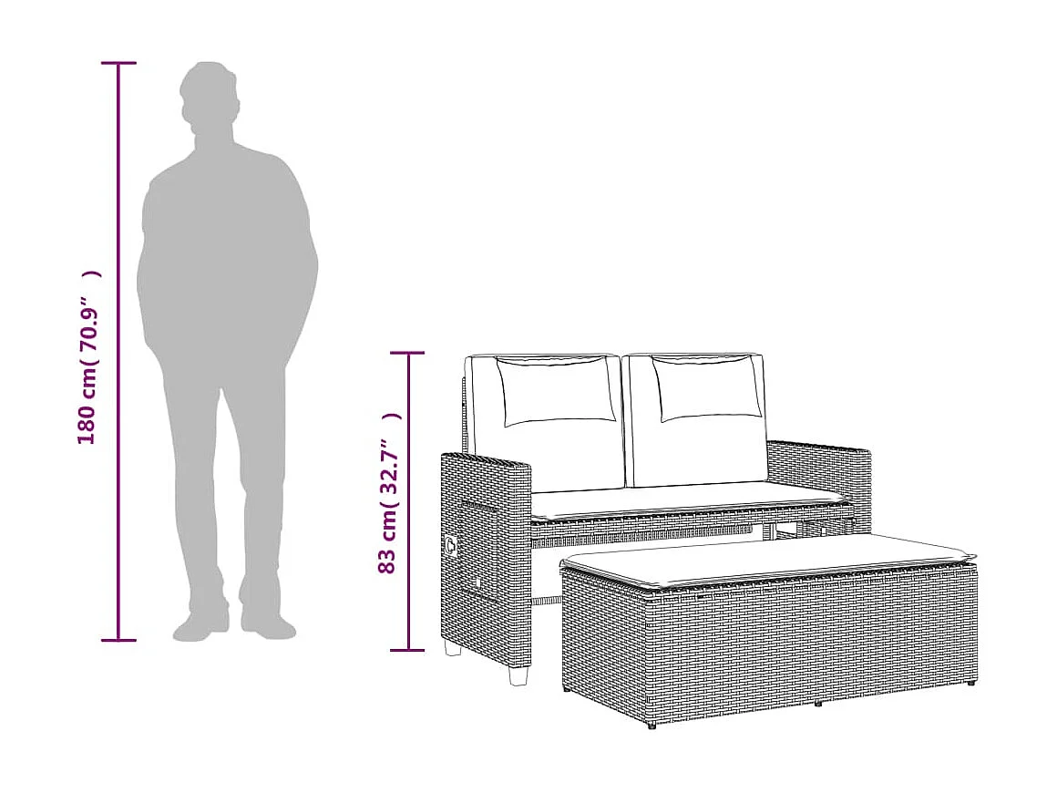 Banc inclinable de jardin avec coussins beige résine tressée