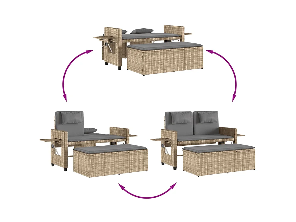 Panca Reclinabile da Giardino con Cuscini Beige in Polyrattan