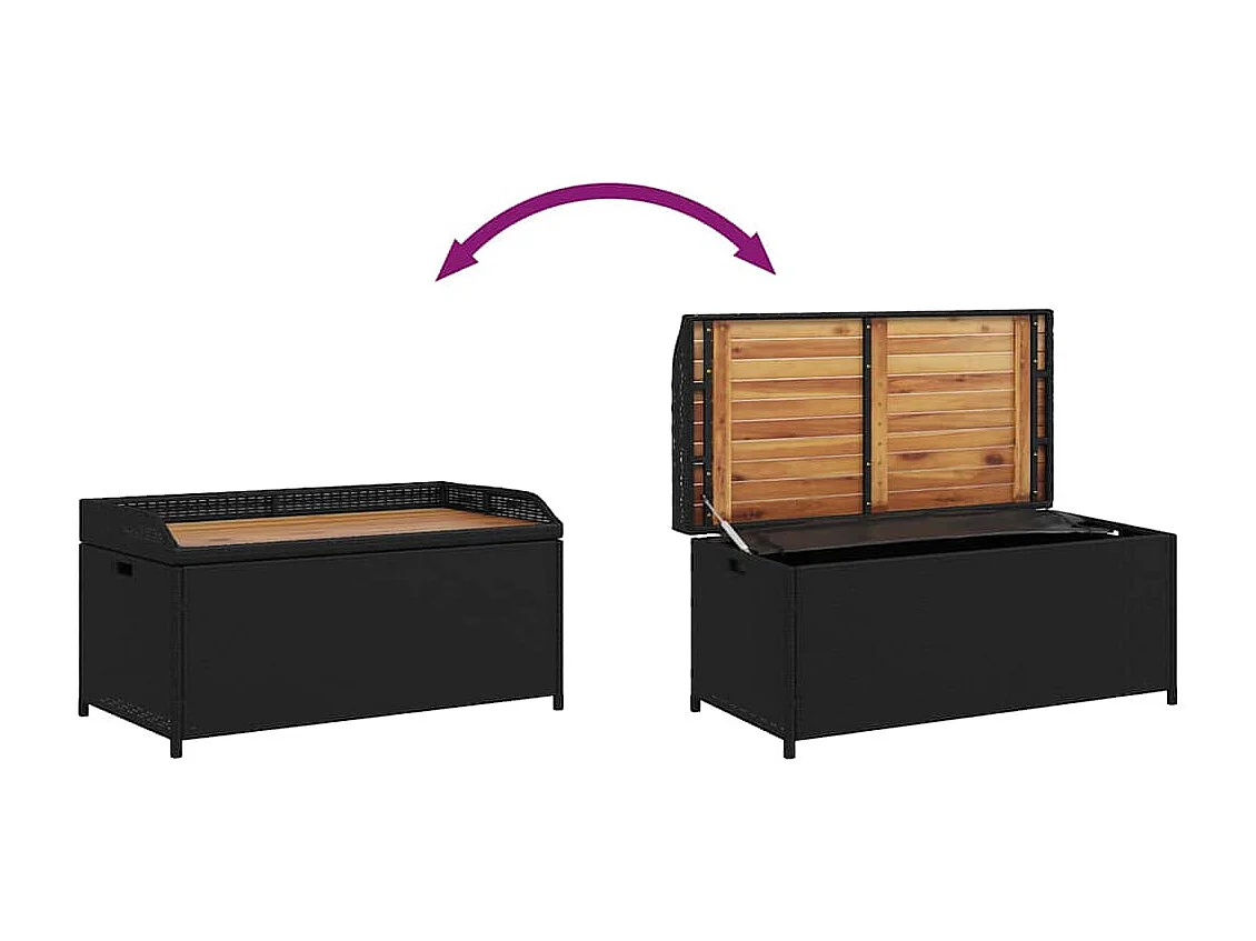 Banc de rangement noir résine tressée et bois d'acacia