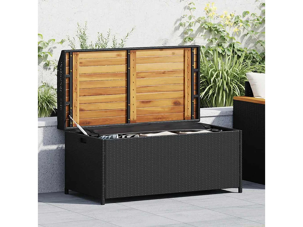 Banco con almacenaje madera acacia ratán PE negro 100x50x52 cm