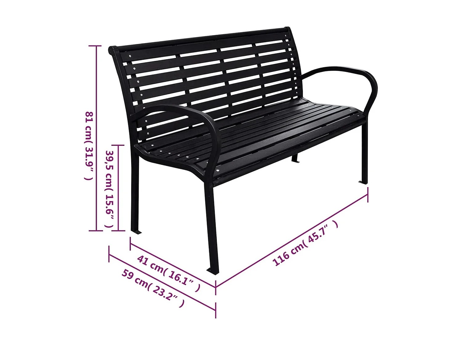Banc de jardin Noir 116 cm Acier et WPC
