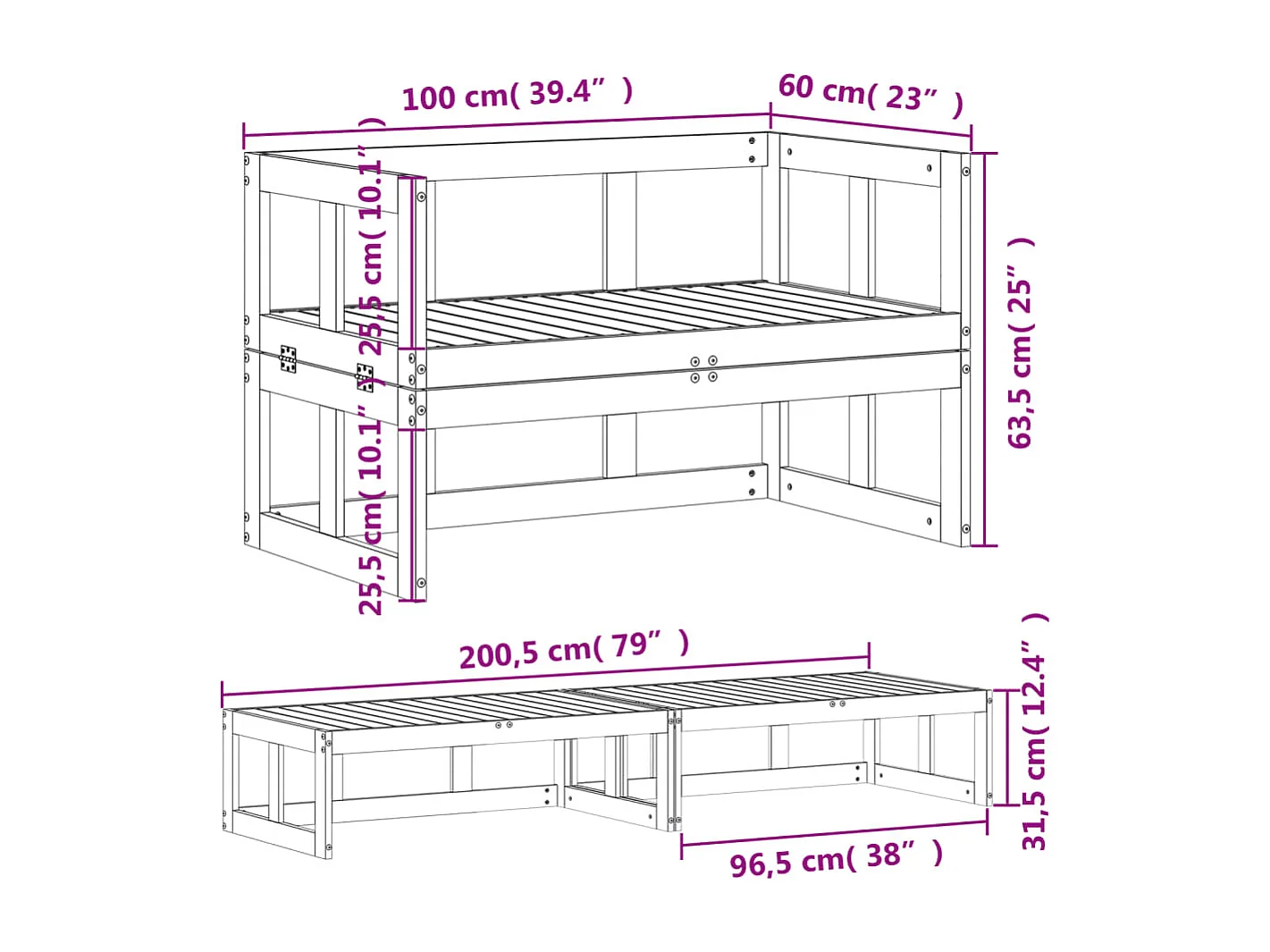 2-in-1 Gartensofa Verlängerbar Massivholz Douglasie