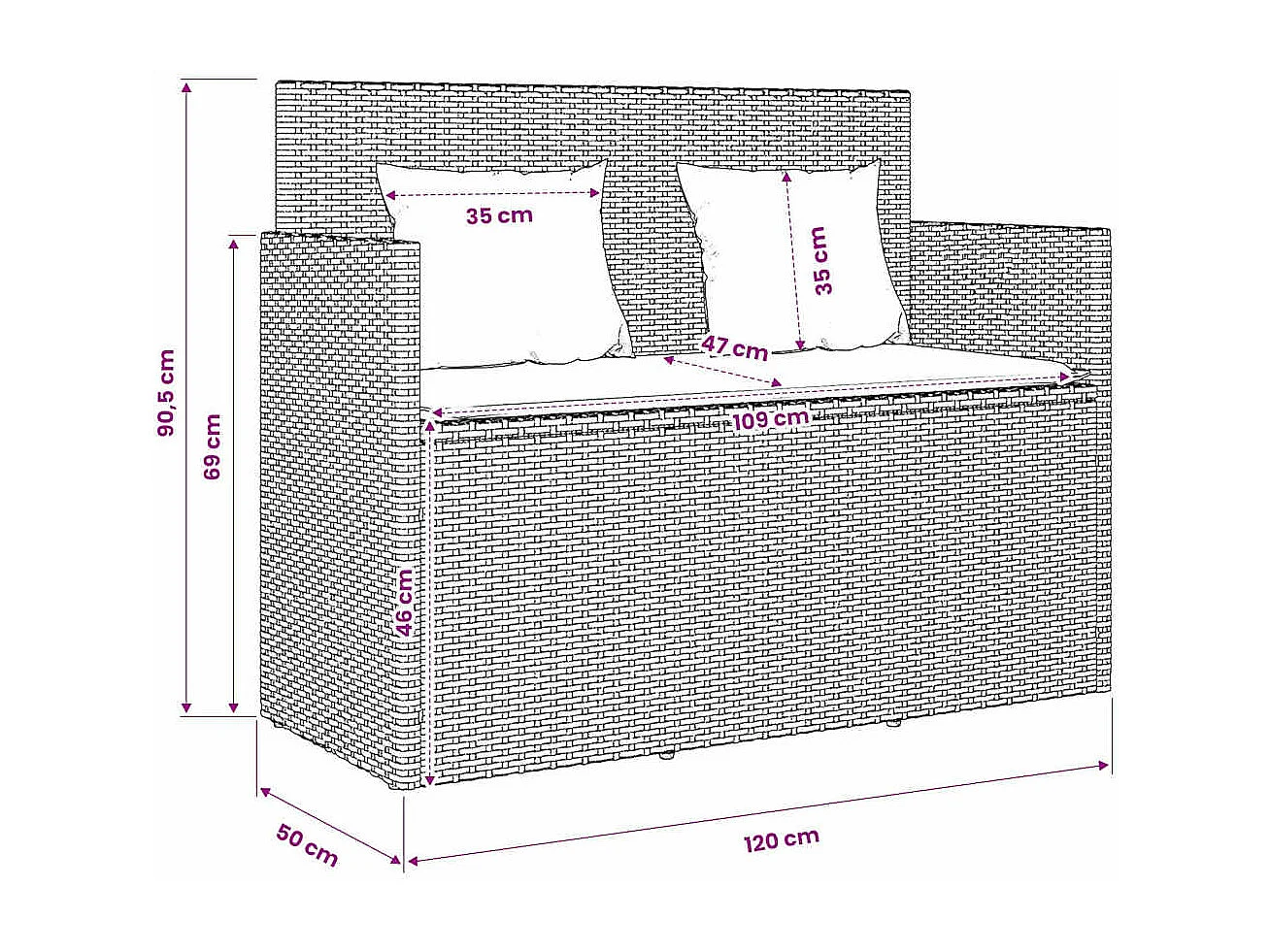 Tuinbank met kussens poly rattan lichtgrijs