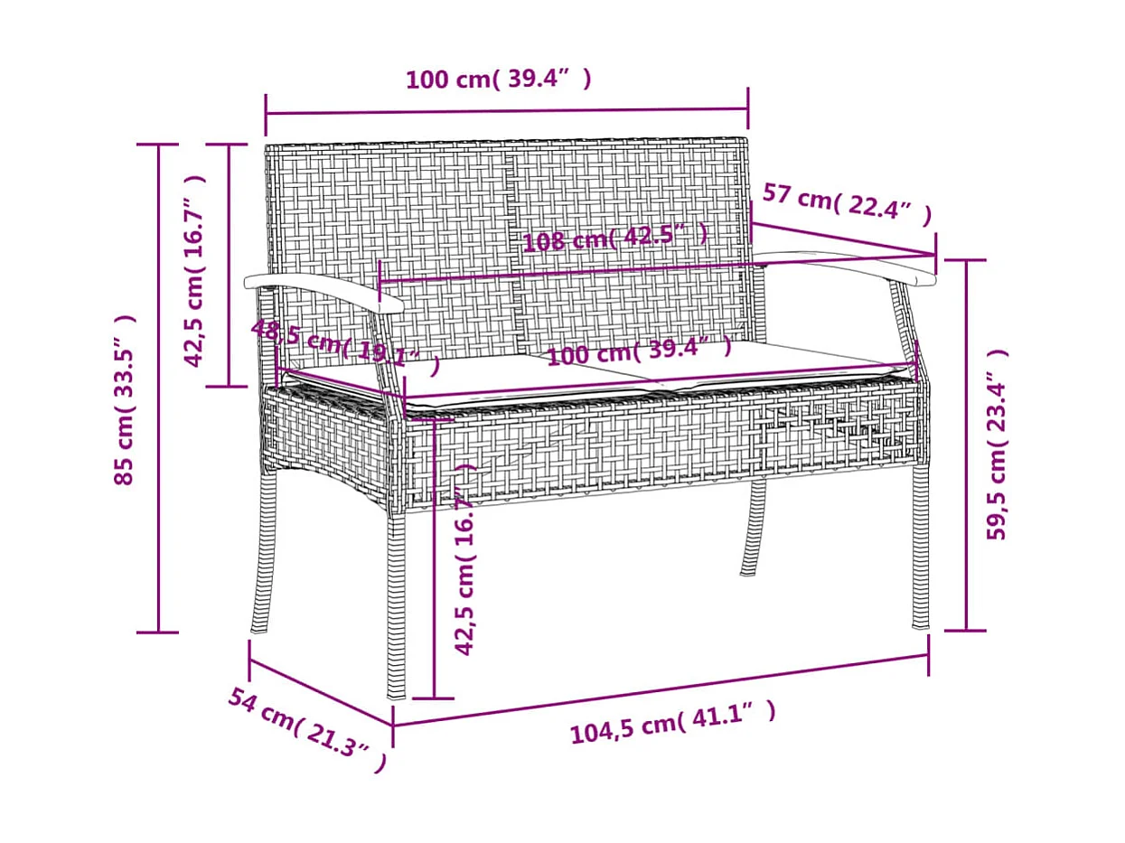 Tuinbank met kussen poly rattan en acaciahout beige